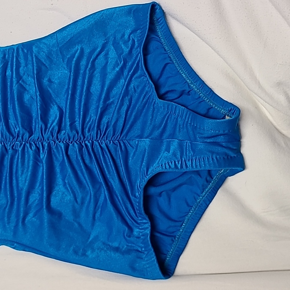 1980s Maxine of Hollywood Turquoise Blue One Piece Ruched Swimsuit Sz 14 - Picture 4 of 13